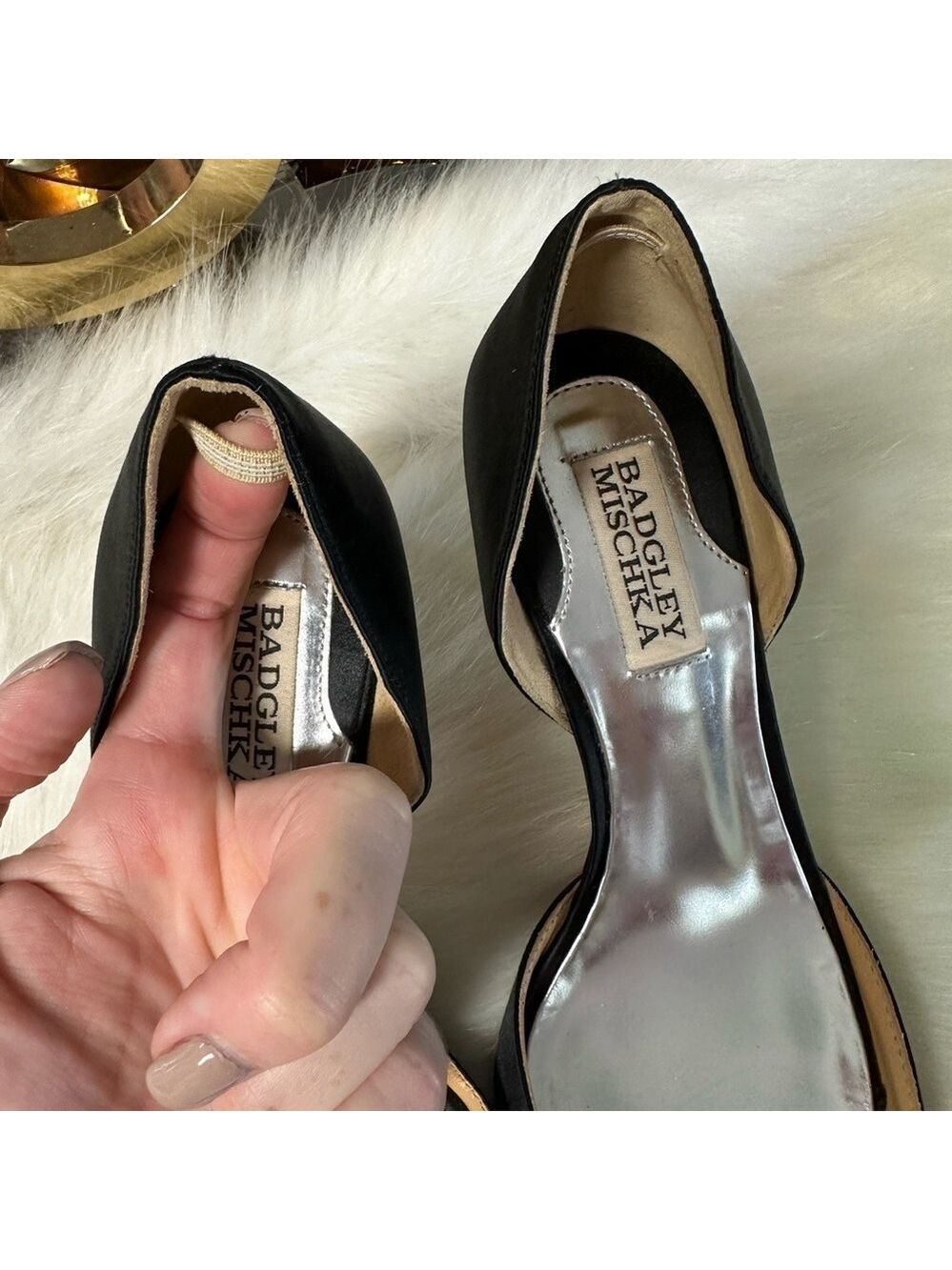 BADGLEY MISCHKA BLACK SATIN D’ORSAY OPEN TOE RHINESTONE EMBELLISHED HEELS 6.5M - Picture 9 of 9